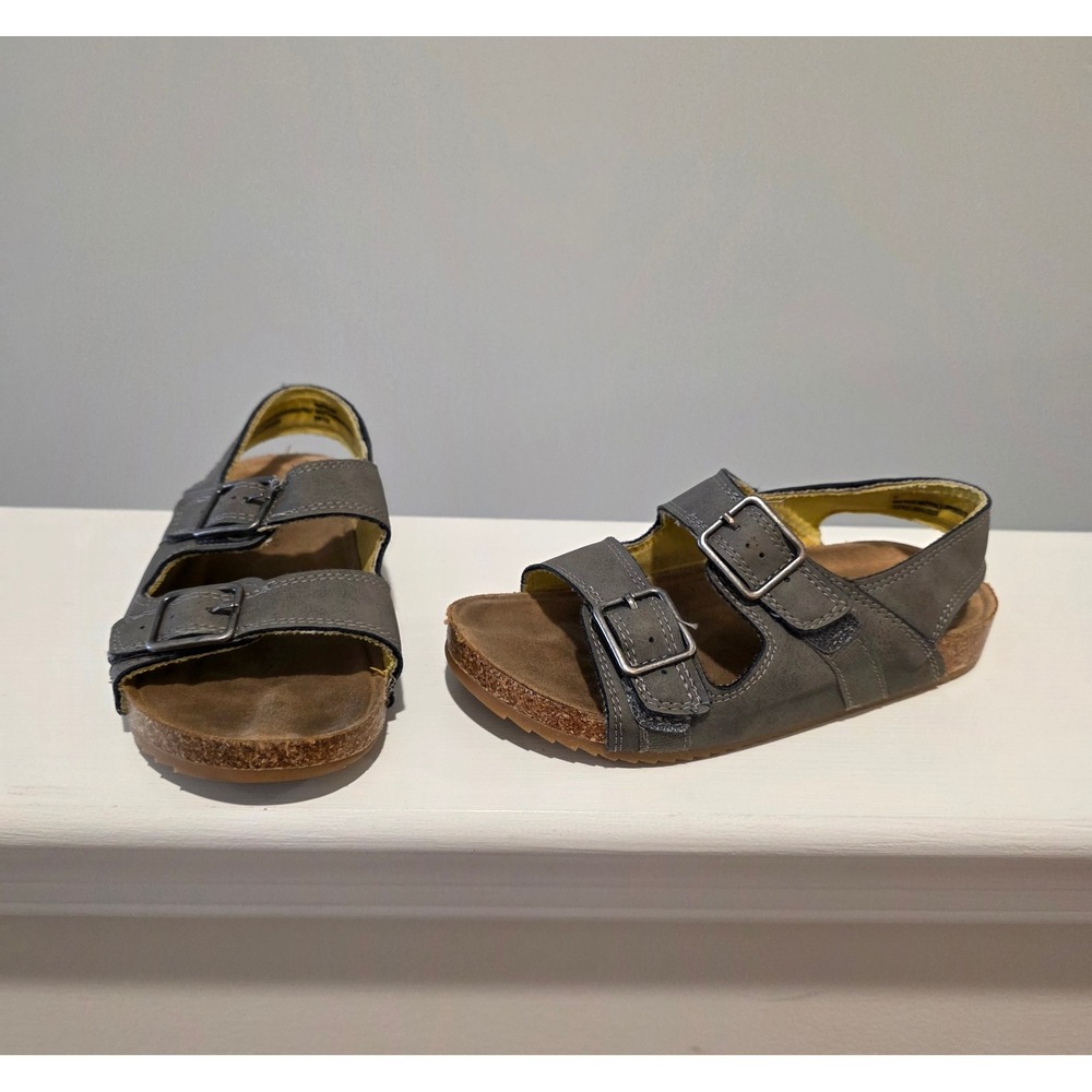 Kid's sz 11 Grey Faux Leather Cork Footbed Sandals Buckle Slingback Granola